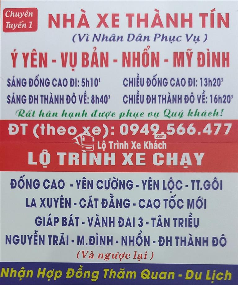 Nhà xe Thành Tín tuyến Ý Yên - Nam Định - Mỹ Đình - Nhổn