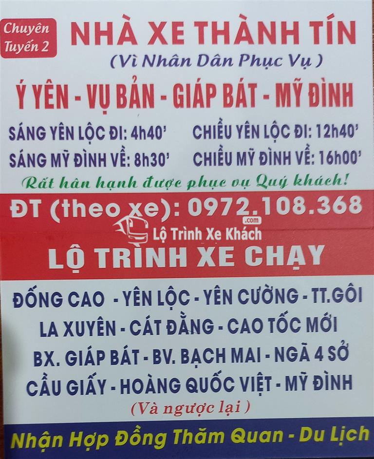 Nhà xe Thành Tín tuyến Ý Yên - Nam Định - Mỹ Đình - Nhổn